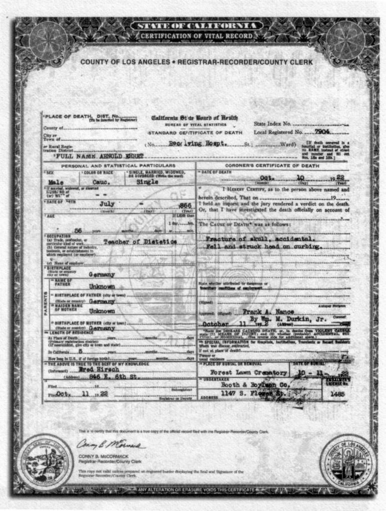 Certificato di Morte di Arnold Ehret